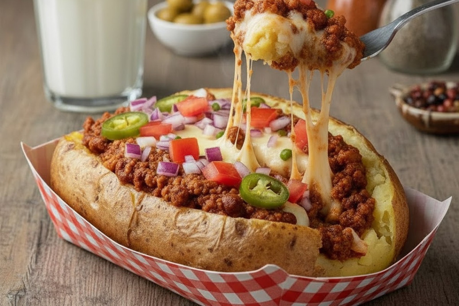 Fully loaded kumpir Turkish baked potato ready to eat in Miami